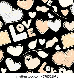 Valentine vector seamless pattern with letter, rose and hearts. Perfect image in beige colors on black background for wallpaper, web page, textile, greeting cards and wedding invitations.