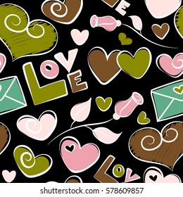 Valentine vector seamless pattern with letter, rose and hearts. Perfect image in pink and green colors on black background for wallpaper, web page, textile, greeting cards and wedding invitations.