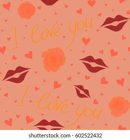 Valentine vector seamless pattern with letter, flower and hearts. Perfect image on neutral background for wallpaper, web page, textile, greeting cards and wedding invitations.