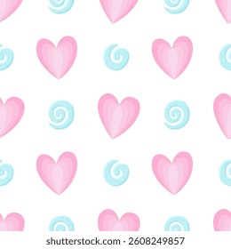 Valentine vector seamless pattern with pink hearts and blue swirls on a white background