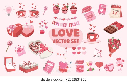 Valentine vector set. Valentine day clipart set with ring, chocolate box, love letter, tea cup, rose, heart, heart jar, gift, cupcake. Love flat vector in cartoon style isolated.