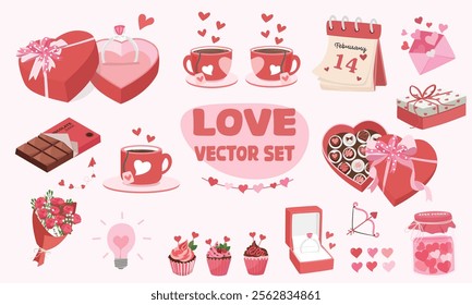 Valentine vector set. Valentine day clipart set with ring, chocolate box, love letter, tea cup, rose, heart, heart jar, gift, cupcake. Love flat vector in cartoon style isolated.