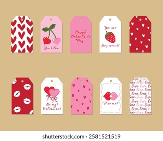 Valentine vector tags cute collection. Labels with hearts, lips, berries and lettering in white, red and pink colors