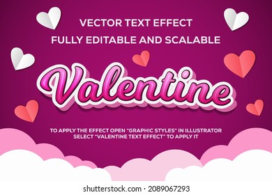 efecto de texto vectorial valentino totalmente editable y escalable. efecto grabado. efecto de texto rosa. con nubes de fondo y forma de amor. diseño vectorial.14 de febrero