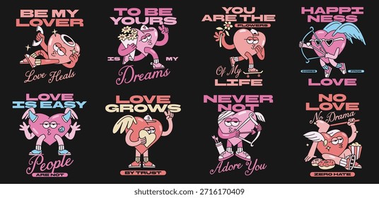 Colección de diseño de camiseta de Vector de San Valentín, diseños Urbana Paquetes de camisetas de San Valentín de streetwear, diseño de Vector de manguera de goma retro Groovy, gráfico de mascota de Vector lindo, Paquete gráfico de ropa de Vector.