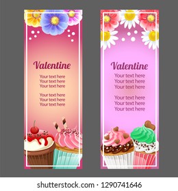 valentine vertical banner with colorful cupcakes