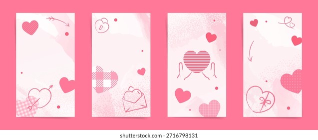 Valentine vertical banner templates with patterned hearts, hand drawn doodles and soft pastel texture. Romantic pink story backgrounds for social media, cards and promo layout vector set