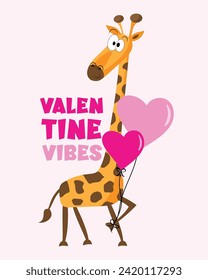 Valentine vibes - cute giraffe with heart balloons. Good for greeting card, textile print, poster, label, and other gifts design for Valentine's Day.