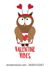 Valentine vibes - cute owl with envelope and heart. Good for greeting card, poster, label, T shirt print, mug and other decoartion.