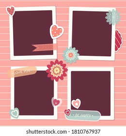 Valentine vintage background with retro photos, sticker and labels. Mock up template. Copy space for text. Can be used for holiday or wedding scrapbooking design. Vector illustration EPS10