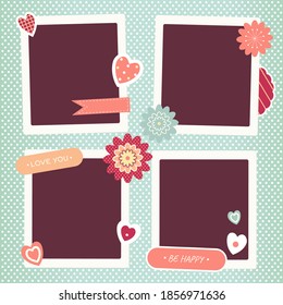 Valentine vintage background with retro photos, sticker and labels. Mock up template. Copy space for text. Can be used for holiday or wedding scrapbooking design. Vector illustration EPS8