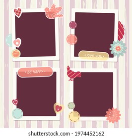 Valentine vintage background with retro photos, sticker and labels. Mock up template. Copy space for text. Can be used for holiday or wedding scrapbooking design. Vector illustration EPS10