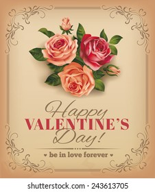 Valentine vintage card with rose bouquet. Vector eps 10.