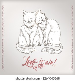 Valentine vintage romantic card with two cats and brush lettering saing Love is in the air. Great for posters, greeting cards.