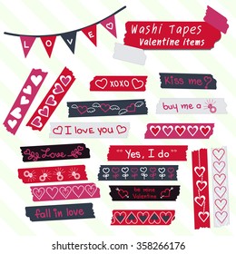 Valentine washi tape scrapbook items in red, pink, white and Prussian blue colors.