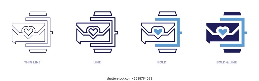 Valentine watch icon in 4 different styles. Thin Line, Line, Bold, and Bold Line. Duotone style. Editable stroke.