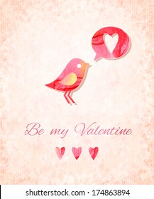Valentine Watercolor Card with Bird. Vector illustration, eps10 (editable).