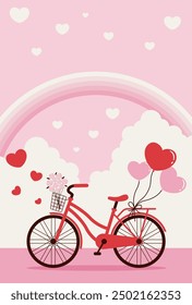 Fondo de Vector de San Valentín o boda con una bicicleta con globos de corazón en la ciudad para Anuncios, tarjetas, volantes, Fondos de pantalla de redes sociales, etc.