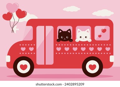 valentine or wedding vector background with cats on a city bus with hearts for banners, cards, flyers, social media wallpapers, etc.