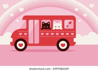 Fondo de Vector de San Valentín o boda con gatos en un autobús de la ciudad con corazones para Anuncios, tarjetas, volantes, Fondos de pantalla de redes sociales, etc.