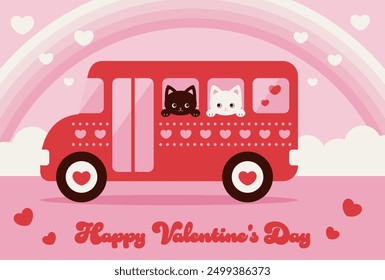 valentine or wedding vector background with cats on a city bus with hearts for banners, cards, flyers, social media wallpapers, etc.