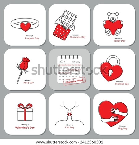 valentine week 2024 set of vector cards, Rose, Propose, Chocolate, Teddy, Promise, Kiss, Hug and Valentine's Day