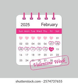 valentine week 2025 calendar, highlighted dates on february calendar sheet, vector illustration