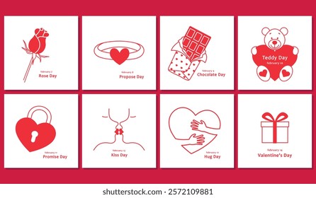 Valentine Week 2025 set of cards, Rose, Propose, Chocolate Day, Teddy Day, Promise, Kiss and Hug Day, Valentine's day, red and white vector illustration