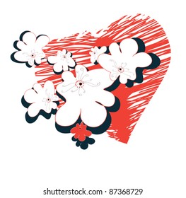 Valentine and white abstract flowers and graphic designs of the heart