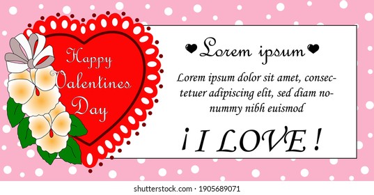 Valentine, white box to write text, on its left side a large red heart decorated with white flowers, text Happy Valentine inside, on a pink background decorated with white dots