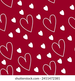 valentine white heart doodle in red background seamless pattern