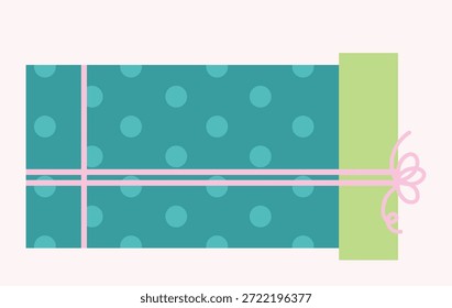 Ilustración vectorial de caja de regalo ancha de San Valentín con envoltura de lunares azules y lazo de cinta rosa. Lindo diseño dibujado a mano para embalaje, tarjetas y maquetas.