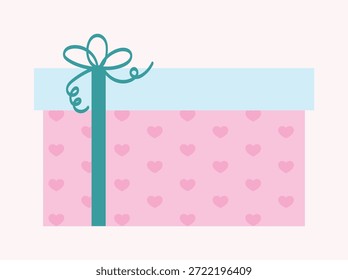 Ilustración vectorial de caja de regalo ancha de San Valentín con patrón de corazón rosa, cinta verde azulado y tapa ligera. Lindo diseño dibujado a mano para el embalaje, tarjetas de felicitación y etiquetas.