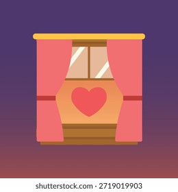 Ilustración de la ventana de San Valentín. Forma de marco de ventana simple. Las cortinas se tiraban hacia adentro creando una abertura en el corazón. Luz interior cálida resplandor. Tranquila escena romántica de la noche.