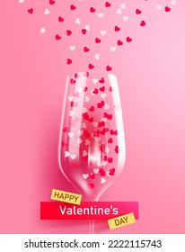 Valentine wine glass vector design background. Happy valentine's day text with champagne glass and confetti heart shape splash in pink background. Vector Illustration.