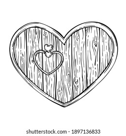 Valentine wooden heart, door. Wood board, frame, badge, shield, signboard. Sketch  wood texture isolated on white