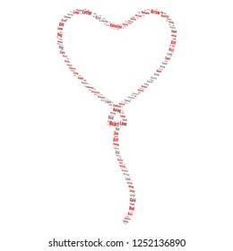 Valentine word cloud in red balloon shape, vector file for EPS10