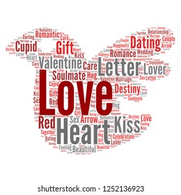 Valentine word cloud in red bird shape, vector file for EPS10