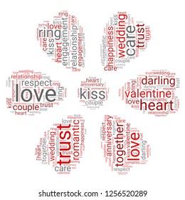 Valentine word cloud in red flower shape, vector file for EPS10