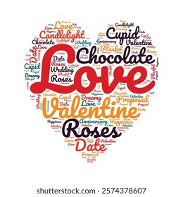Valentine word cloud in the shape of a heart. Vector illustration of Valentine word cloud.