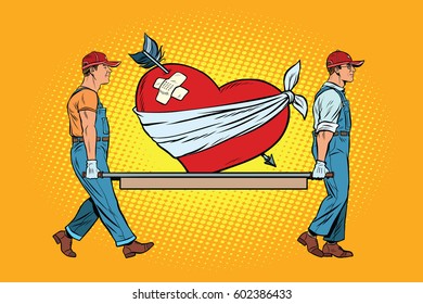 Valentine, wounded heart in love carry movers. Pop art retro vector illustration