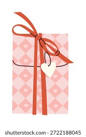 Ilustración vectorial de regalo envuelta de San Valentín con cinta, etiqueta de corazón y patrón de argyle rosa. Lindo diseño romántico para tarjetas, envases y carteles.