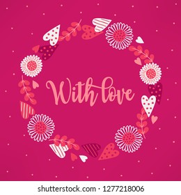 Valentine wreath with heart, branches, chamomile on pink background. Perfect for holiday greeting cards