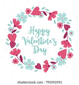 Valentine wreath with leaves, flowers and hearts. Perfect for wedding invitation and holiday greeting cards.