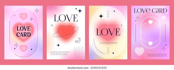 Valentine y2k gradient posters, love backgrounds in abstract modern style with hearts, gradients and pink or pastel colors. Vector vertical banner templates, modern romantic Valentines trendy cards