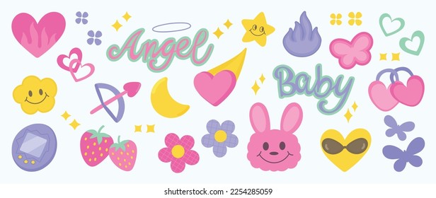 Valentine Y2K style doodle element vector set. Cute comic retro vibrant sweet color collection of hearts, star, angel, strawberry, rabbit, crescent moon. Design for card, decorative, sticker, print.