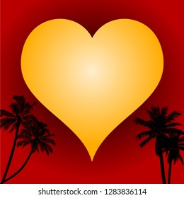 Valentine Yellow Love Heart Over Red Background with Tropical Palm Tree Silhouettes