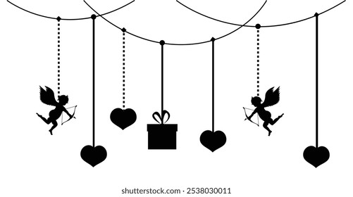 Valentine_s Day Decoration with Cupids and Hearts Silhouette Isolated on White. International winter holiday of friends and lovers celebration vector art
