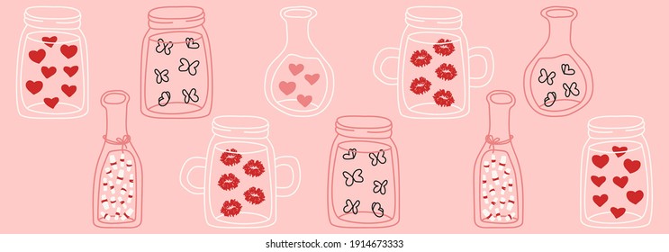 Valentine'd Day set of trendy line art jars with hearts, kisses and butterflies, vector illustration.