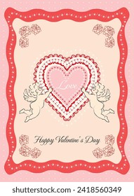 Valentine'Day Heart Cupid Card Vector illustration, Hand Draw Cupid And Rose  Love Emotion, Retro Valentine Gift Card